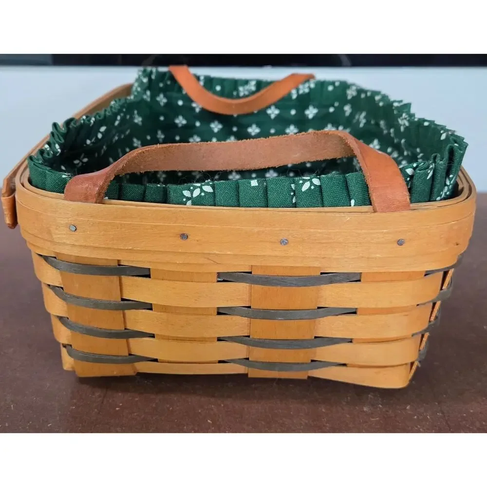 Vintage 1999 Longaberger Rectangle Basket Green Heritage Fabric Liner & Handles